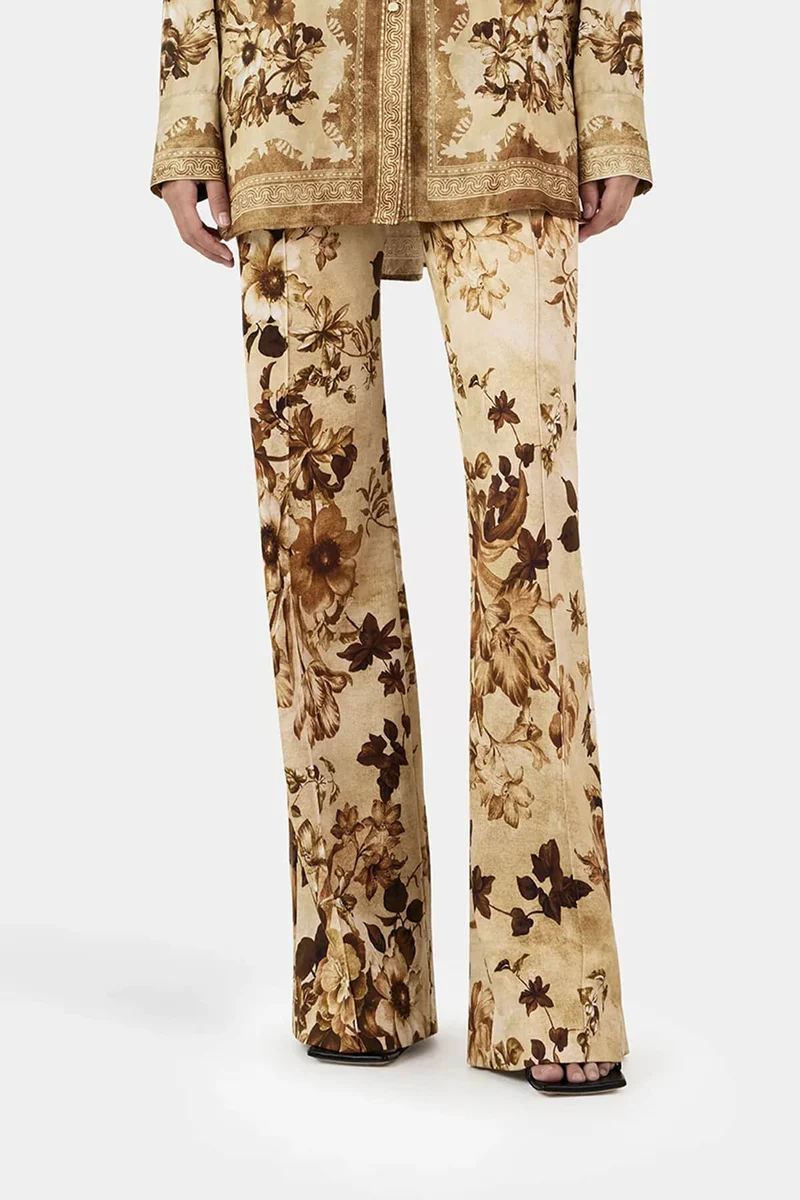 Unique Modern Floral Print High-Waisted Pocket Straight-Leg Pants