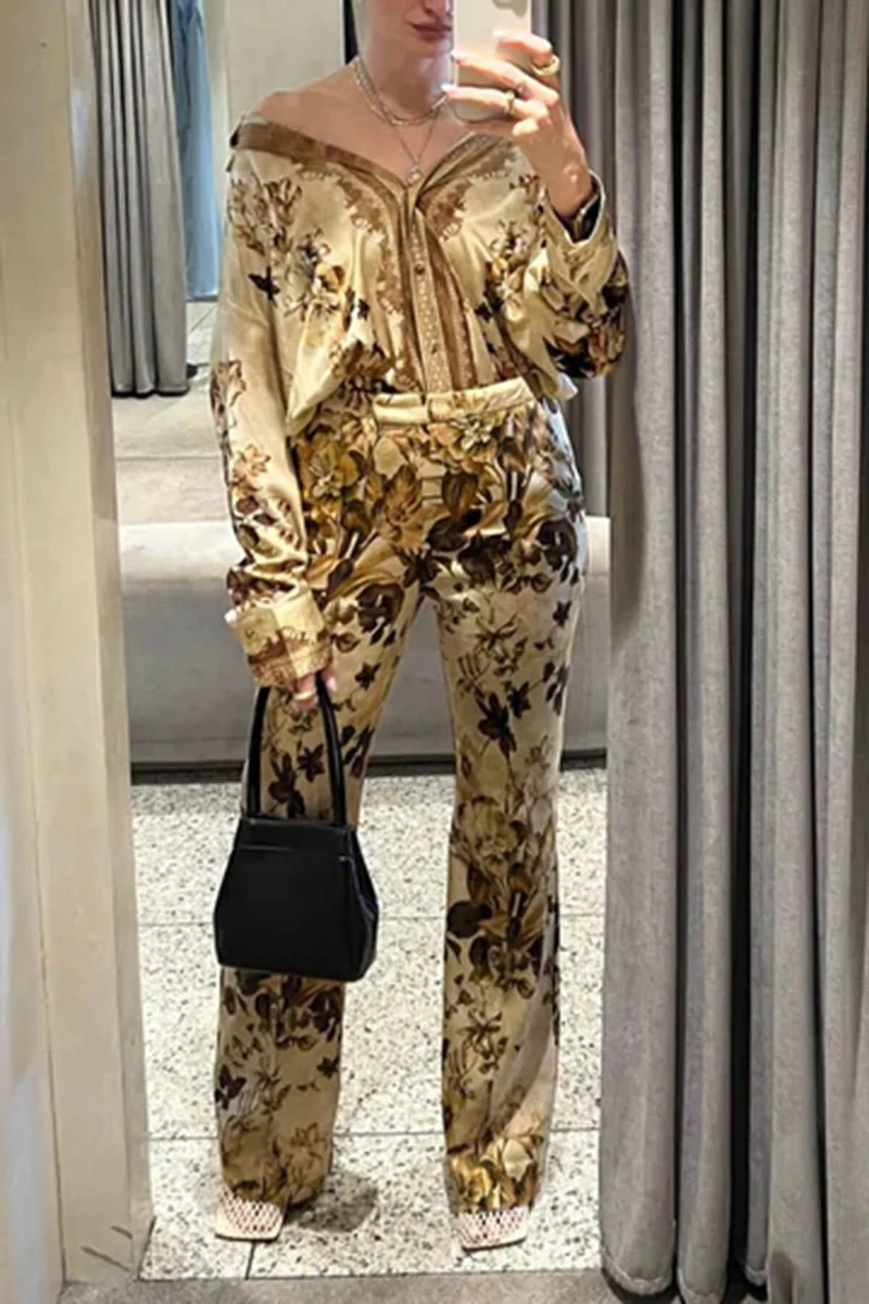 Unique Modern Floral Print High-Waisted Pocket Straight-Leg Pants