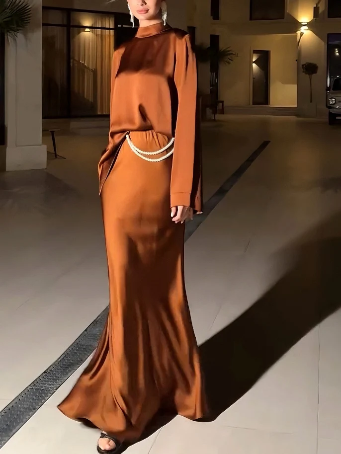 Elegant Satin Top And Skirt Two-piece Set