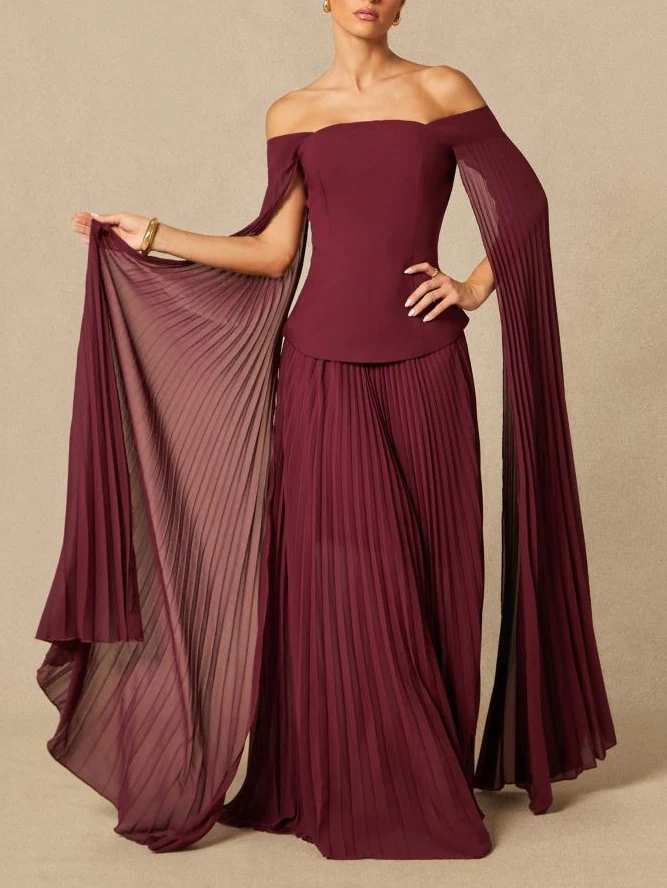 Elegant Off-shoulder Pleated Shawl Maxi Skirt Set