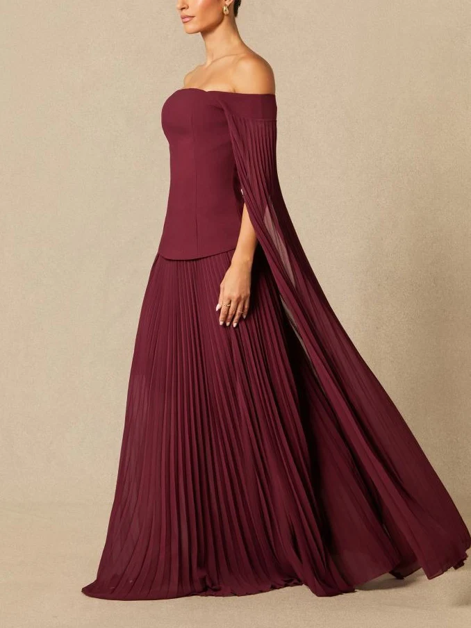 Elegant Off-shoulder Pleated Shawl Maxi Skirt Set