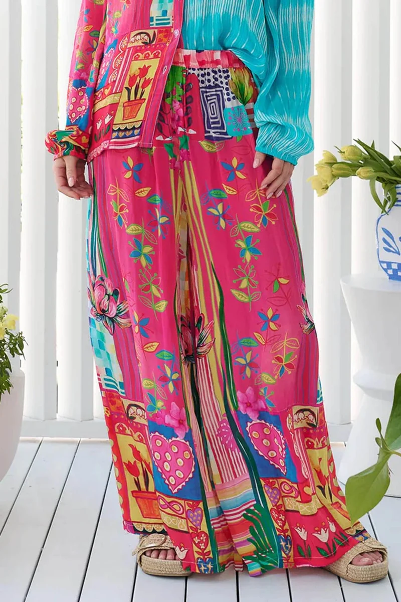 Unique Floral Print Elastic Waist Wide-Leg Pants