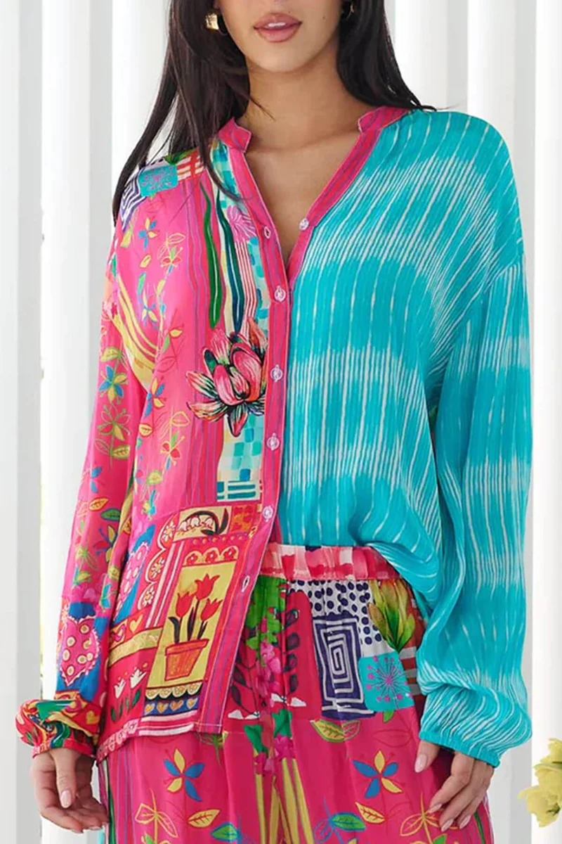 Unique Patchwork Print Button-Up Loose Fitting Shirt
