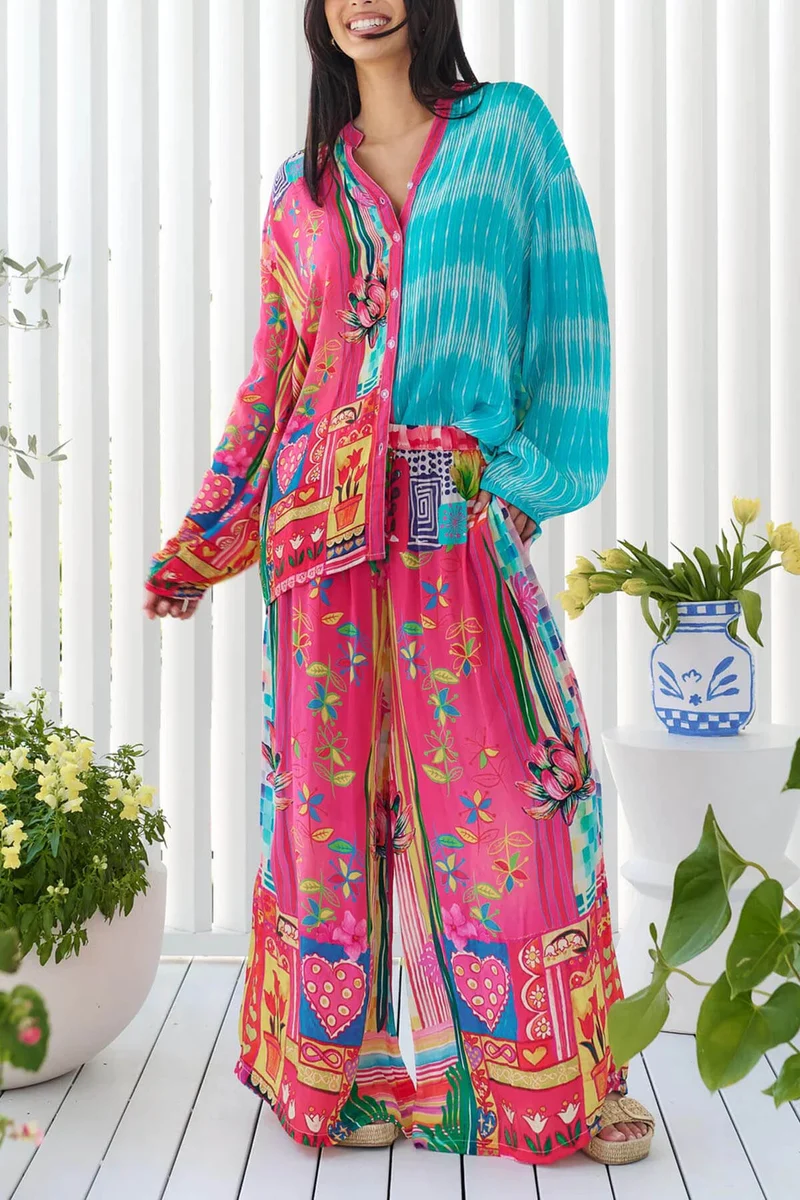Unique Patchwork Print Button-Up Loose Fitting Shirt
