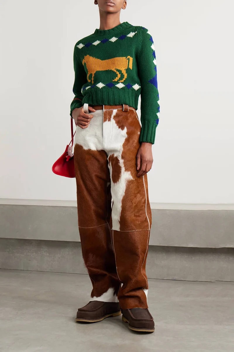 Retro Horse Diamond Pattern Crew Neck Sweater