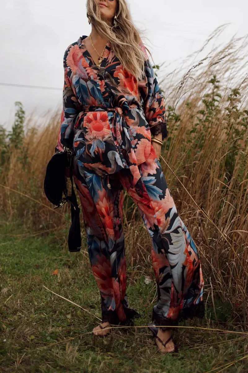 Fashion Unique Lace Patchwork Printed Loose Shirt