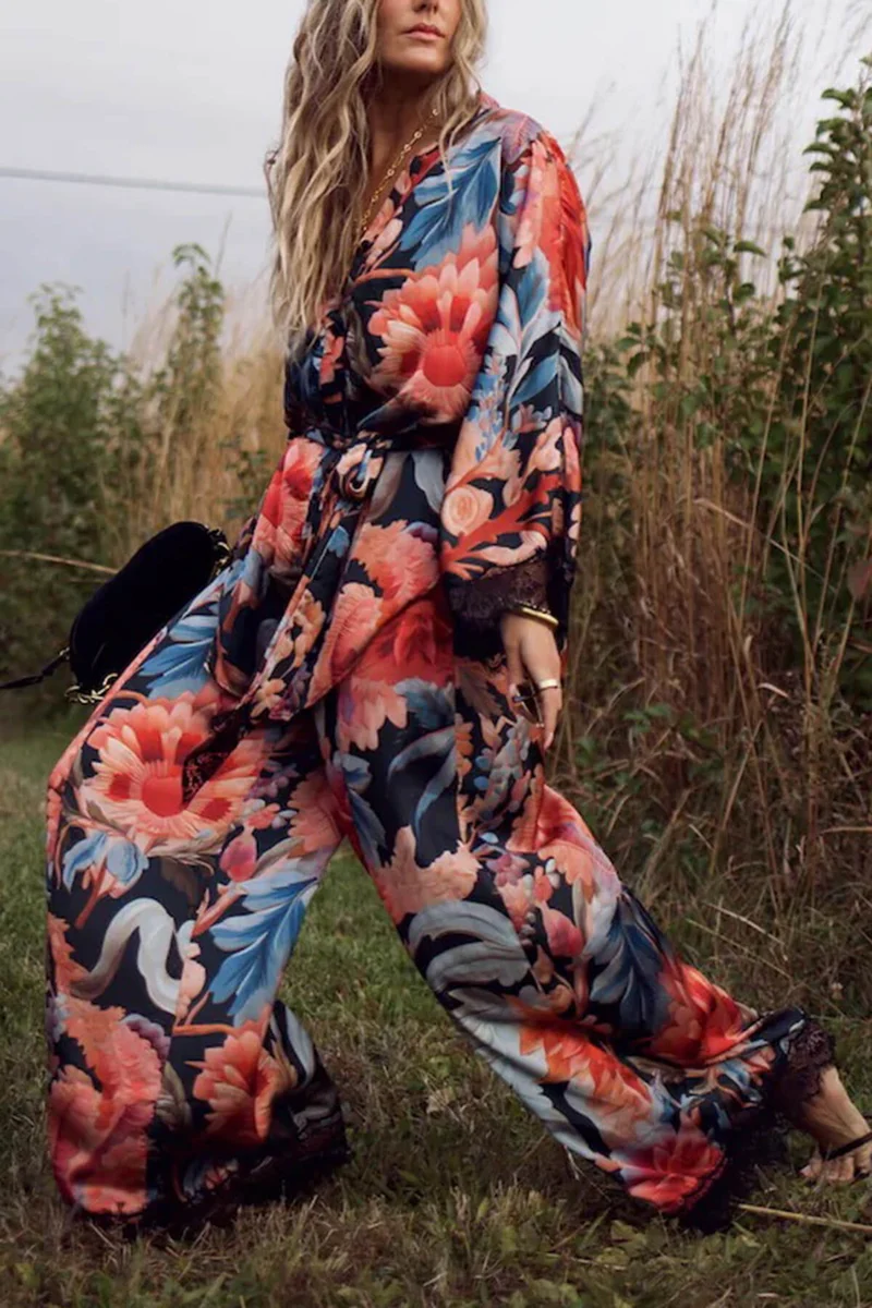 Fashion Unique Lace Patchwork Printed Loose Shirt