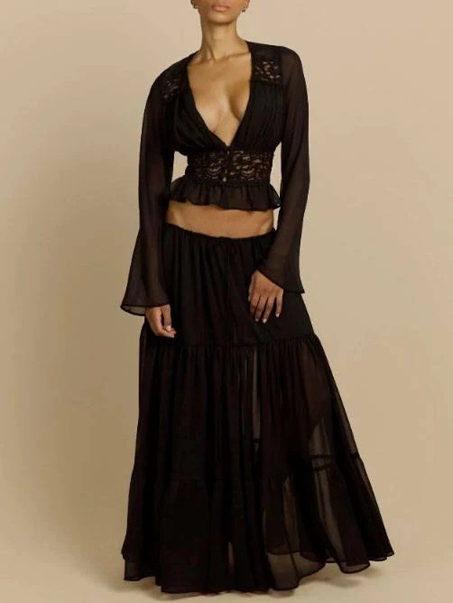 Bohemian Lace SPlicing Shirt And Skirt Set