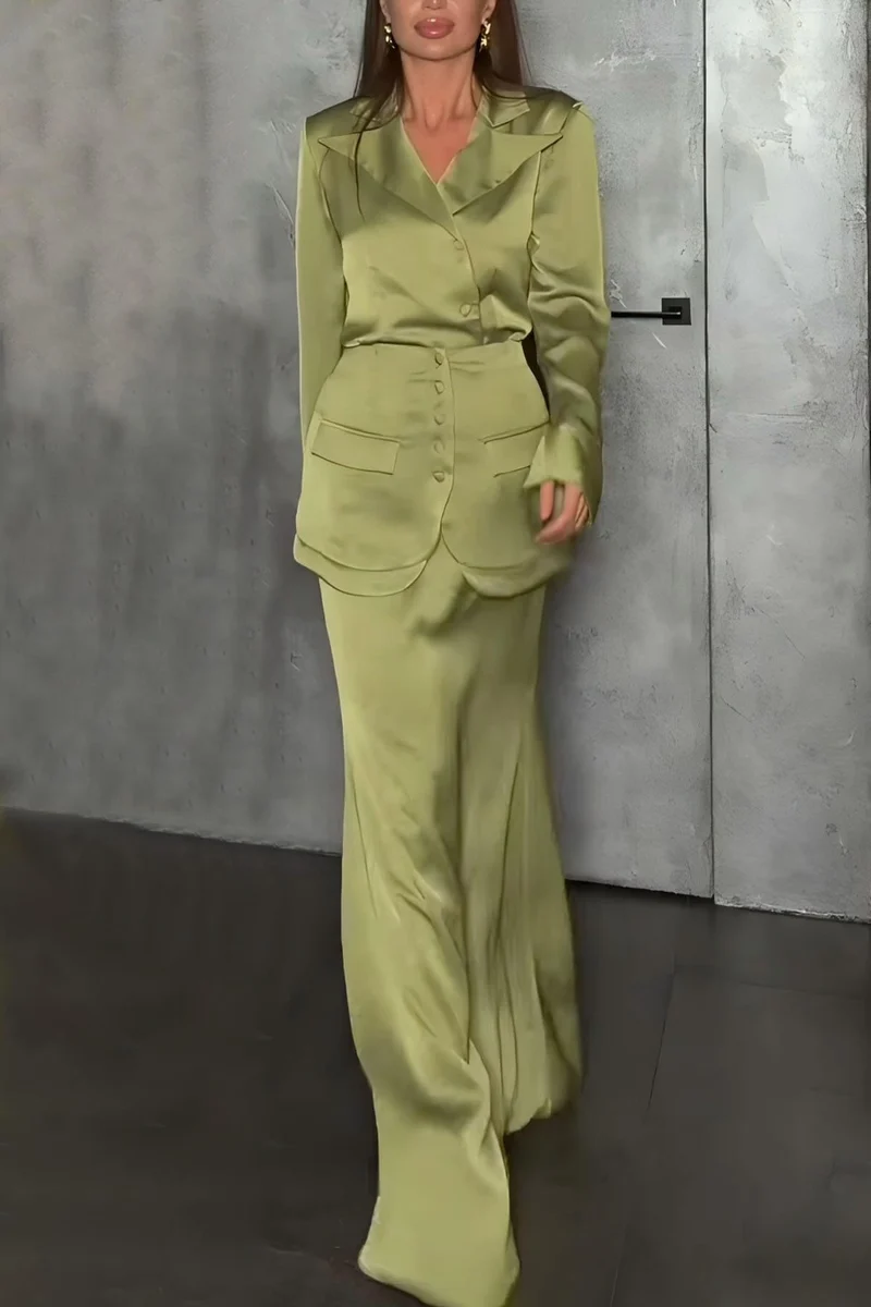 Elegant Satin Button-Embellished Lapel Shirt
