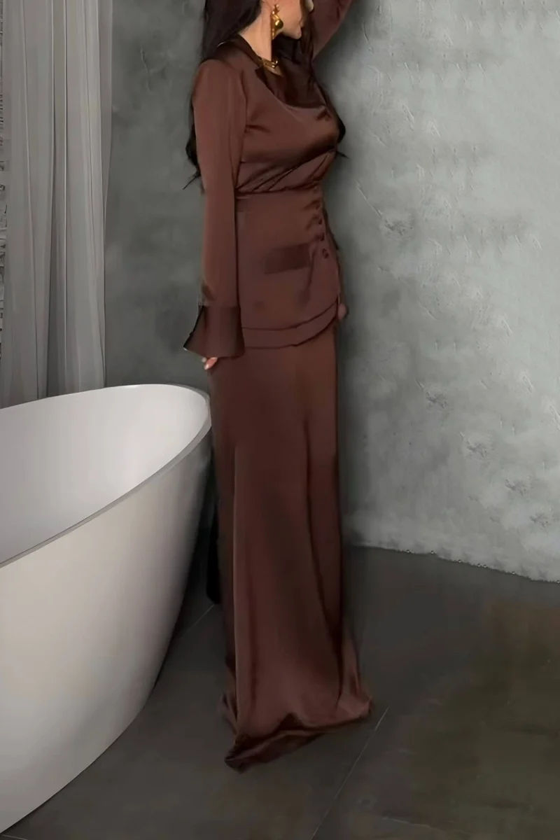 Elegant Satin Button-Embellished Lapel Shirt