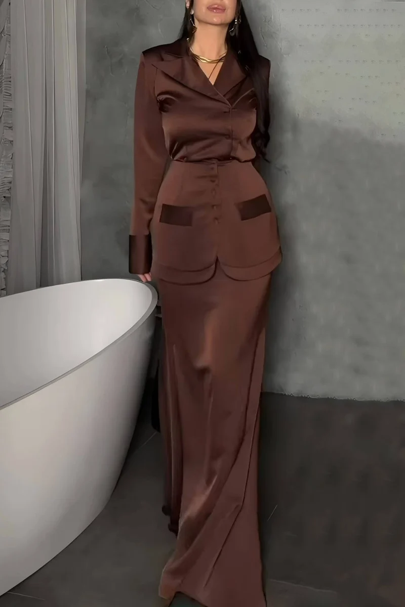 Elegant Satin Button-Embellished Lapel Shirt