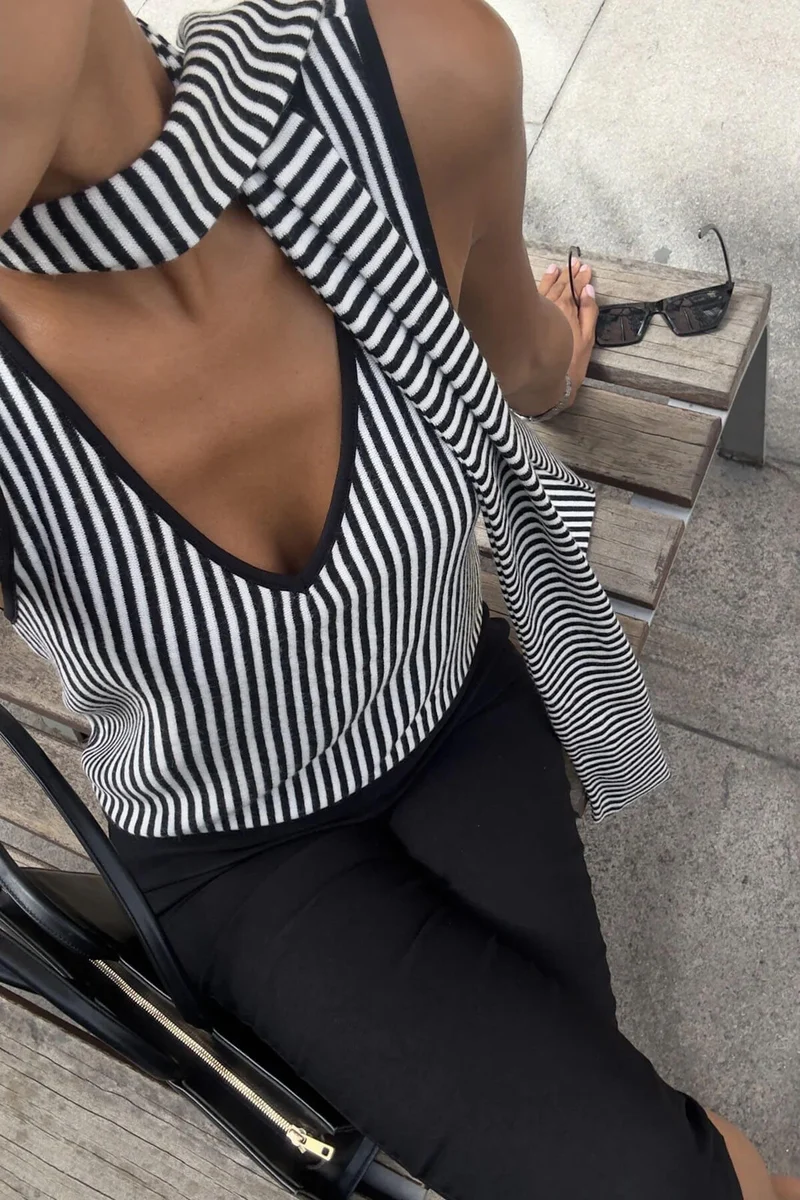 Casual Striped Print V-Neck Backless Cami Top