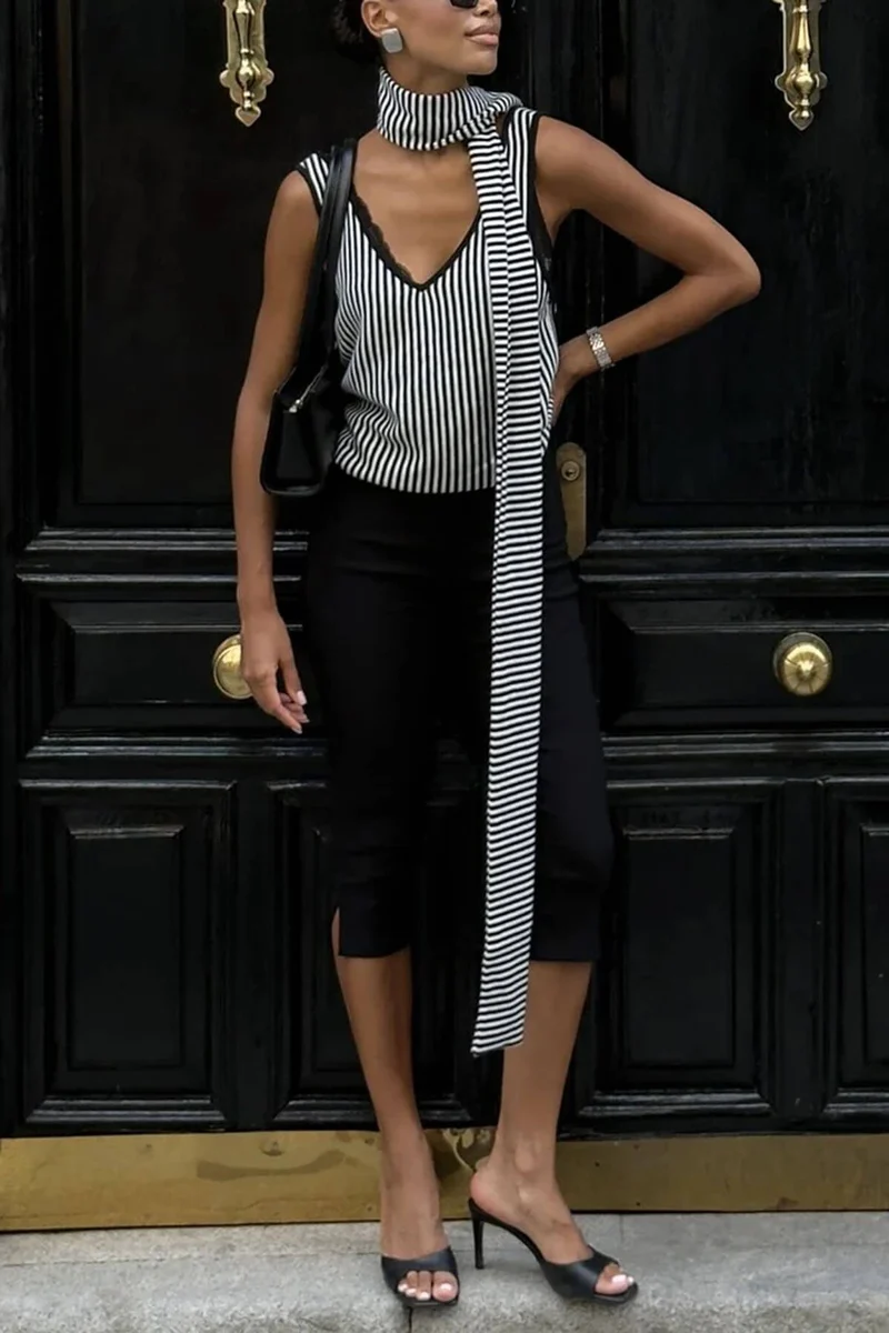 Casual Striped Print V-Neck Backless Cami Top