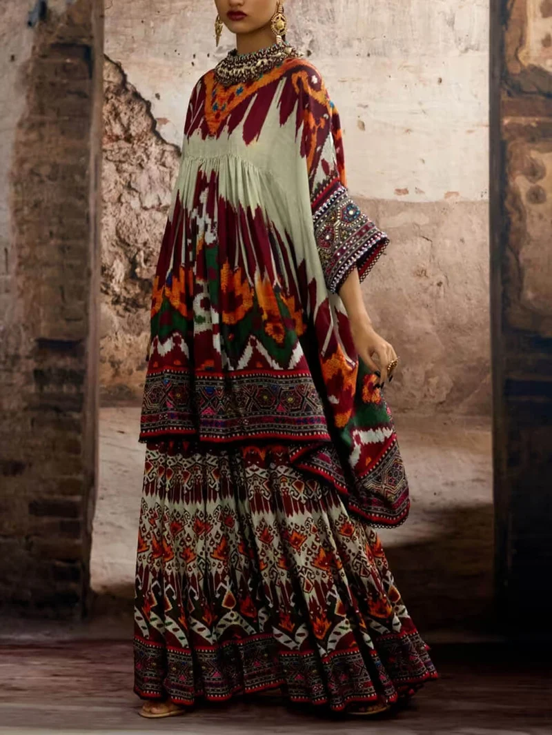 Unique Ethnic Print Bell Bottom Oversized Wide-Leg Pants