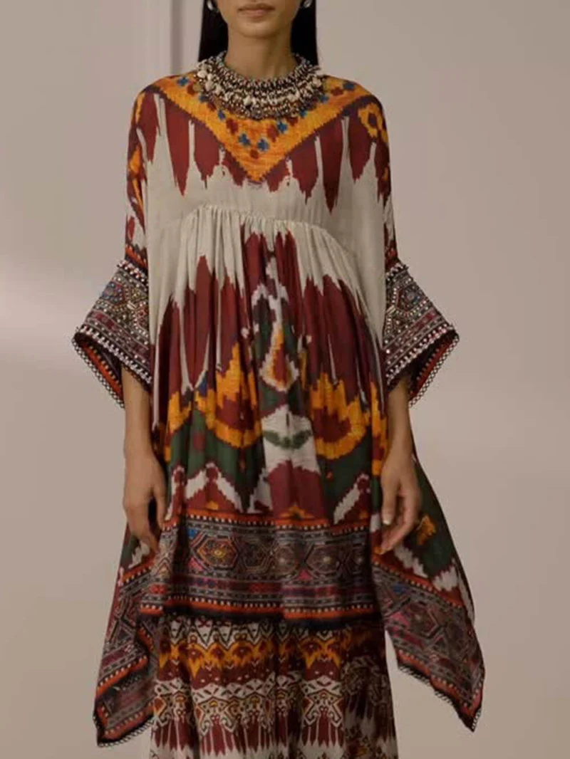 Unique Ethnic Print Bell Bottom Oversized Wide-Leg Pants