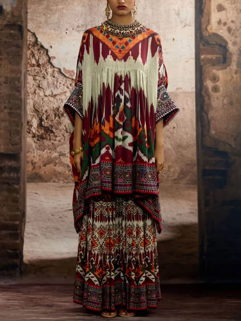 Unique Ethnic Print Bell Bottom Oversized Wide-Leg Pants