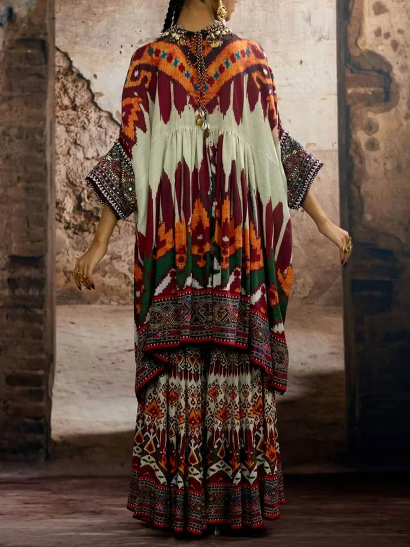 Unique Ethnic Print Bell Bottom Oversized Wide-Leg Pants