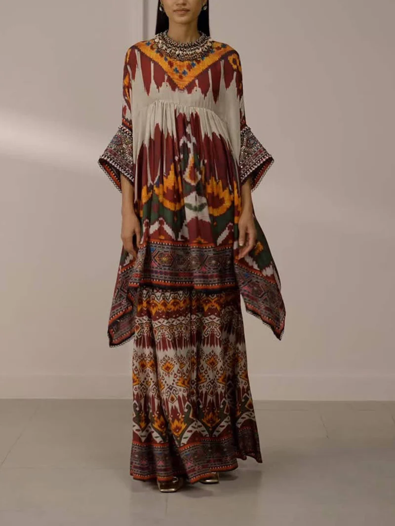 Unique Ethnic Print Bell Sleeve Oversized Long Shirt