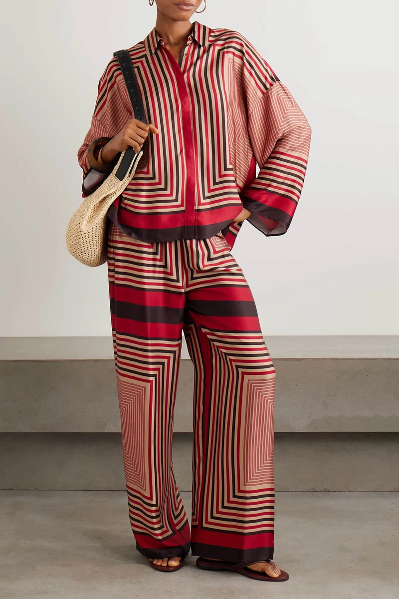 Unique Striped Print Satin Elastic-Waist Wide-Leg Pants