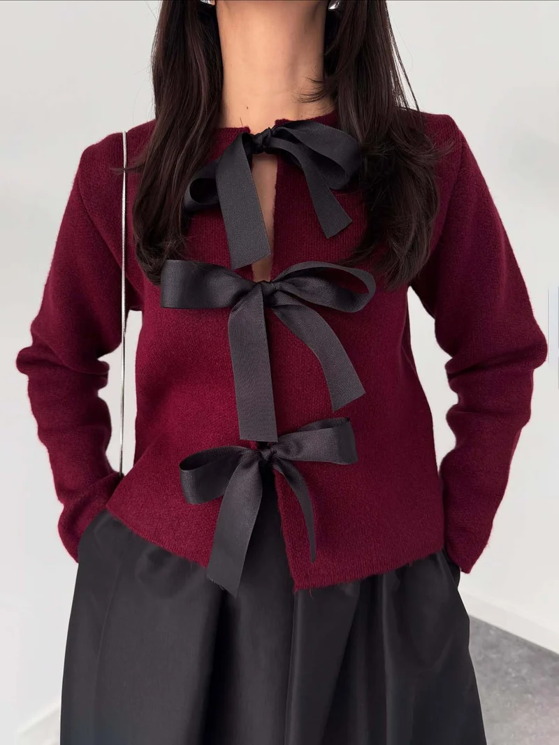 Elegant Bow-Knit Cardigan And A-Line Maxi Skirt Set