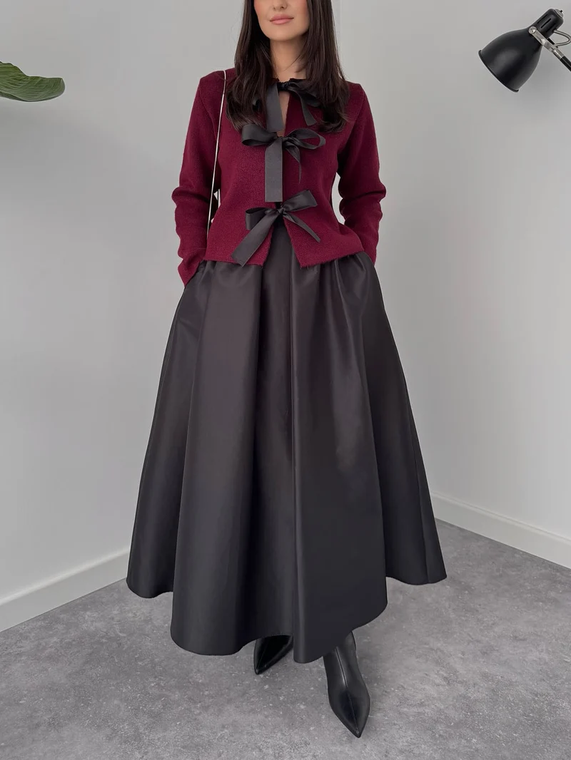 Elegant Bow-Knit Cardigan And A-Line Maxi Skirt Set