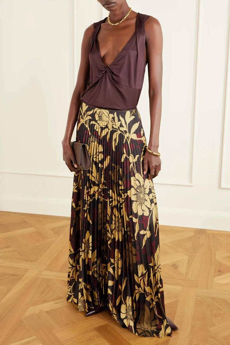 Elegant Satin Pleated Tank Top And Pleated Printed Twill Skirt Set