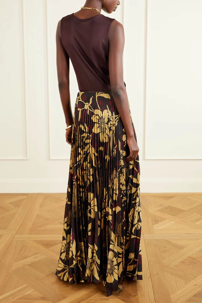 Elegant Satin Pleated Tank Top And Pleated Printed Twill Skirt Set