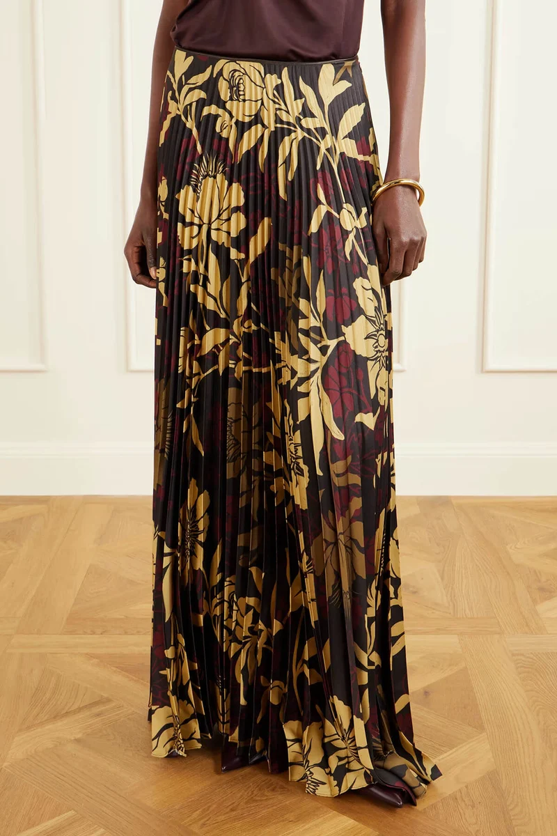 Elegant Satin Pleated Tank Top And Pleated Printed Twill Skirt Set