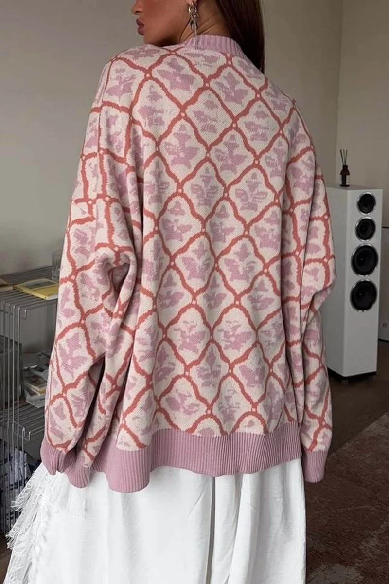 Casual Letter Diamond Print Crew Neck Long Sleeve Sweater