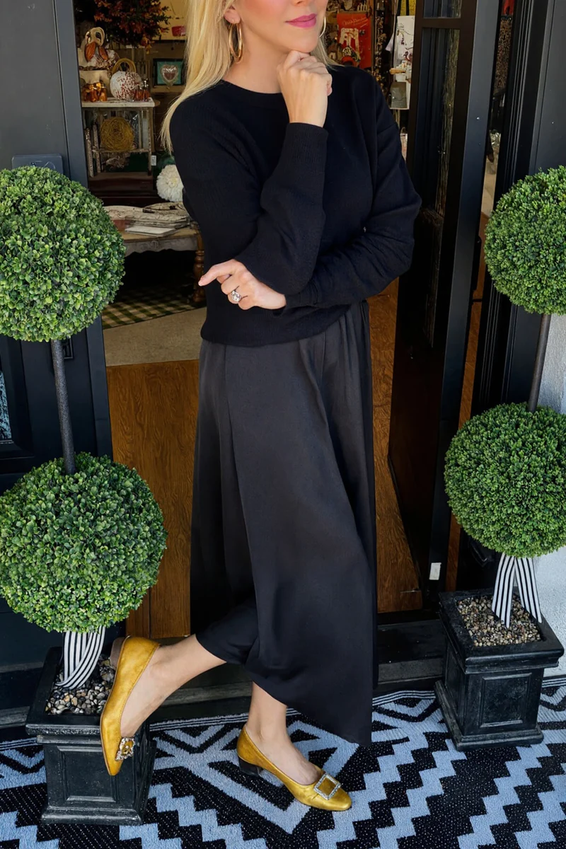 Fashion Knit Ruched Sweater and Satin Stretch Tank Midi Dress Two-piece Set