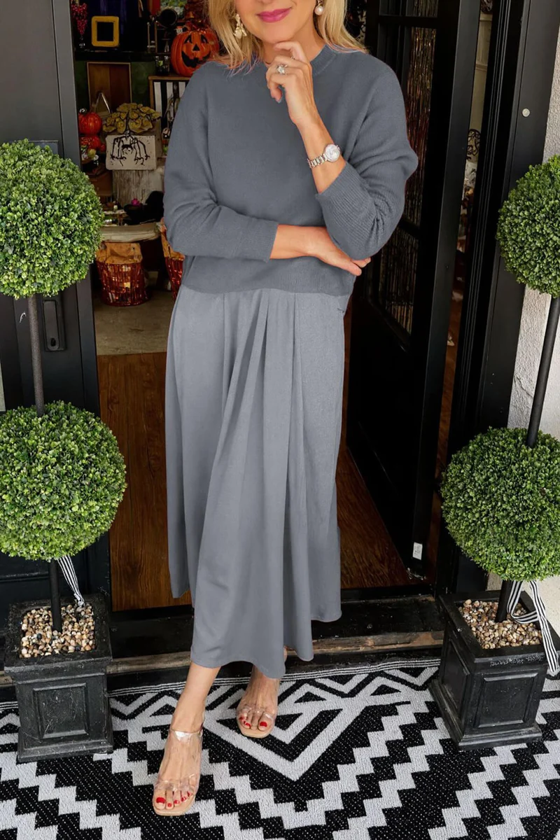 Fashion Knit Ruched Sweater and Satin Stretch Tank Midi Dress Two-piece Set