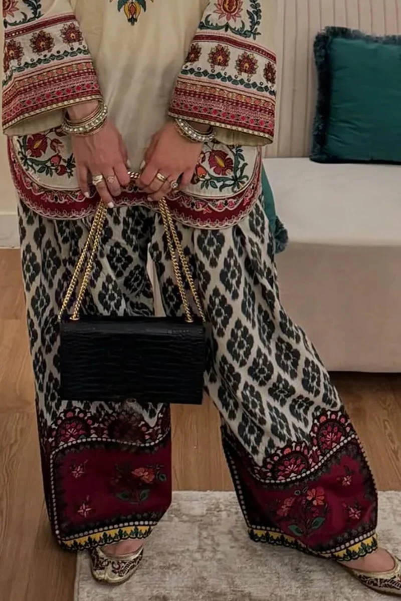 Retro Ethnic Print Elastic Waist Wide-Leg Pants