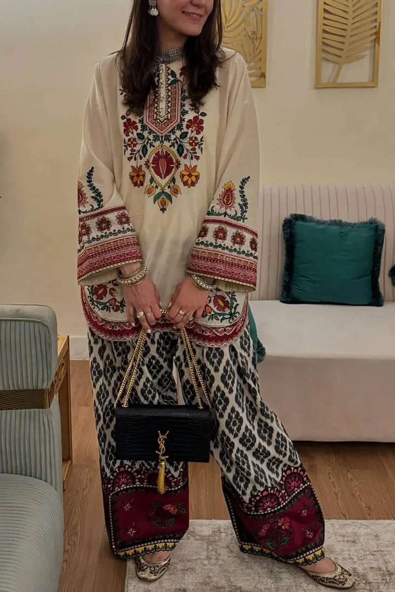 Retro Ethnic Print Elastic Waist Wide-Leg Pants