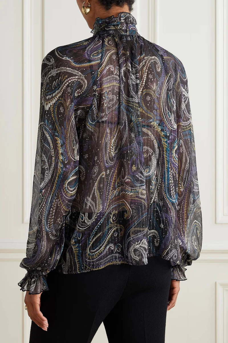 Retro Bow Print Chiffon Long-Sleeve Loose Blouse