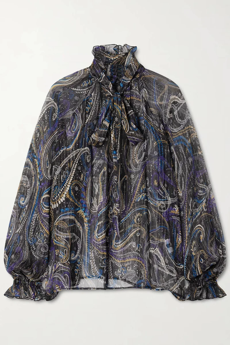 Retro Bow Print Chiffon Long-Sleeve Loose Blouse