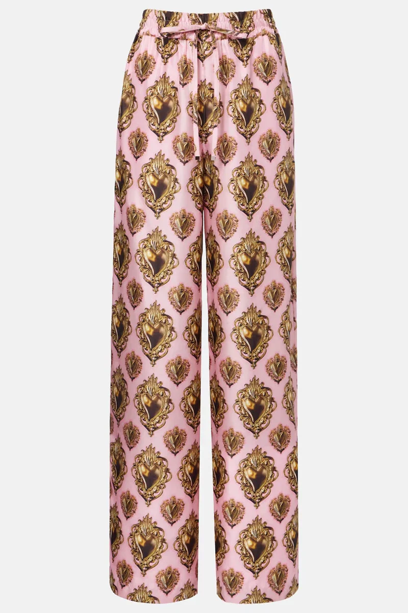 Exquisite Printed High-Waisted Satin Wide-Leg Pants