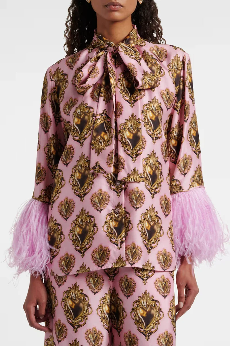 Exquisite Feather-Trimmed Printed Satin Blouse