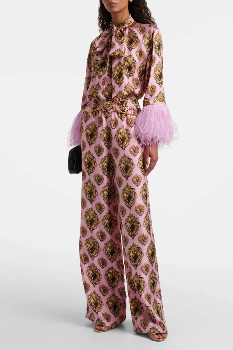 Exquisite Feather-Trimmed Printed Satin Blouse