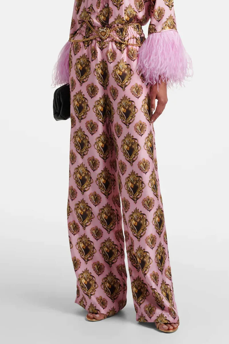 Exquisite Feather-Trimmed Printed Satin Blouse