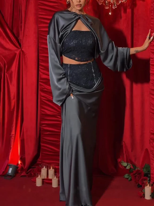 Elegant Satin Long-sleeved Crop Top And Skirt Two-piece Set