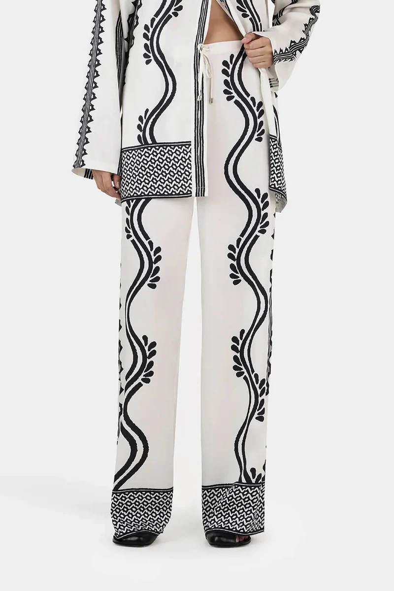 Retro Geometric Wave Print Elastic Drawstring Straight Leg Trousers