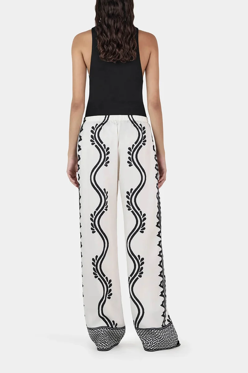 Retro Geometric Wave Print Elastic Drawstring Straight Leg Trousers