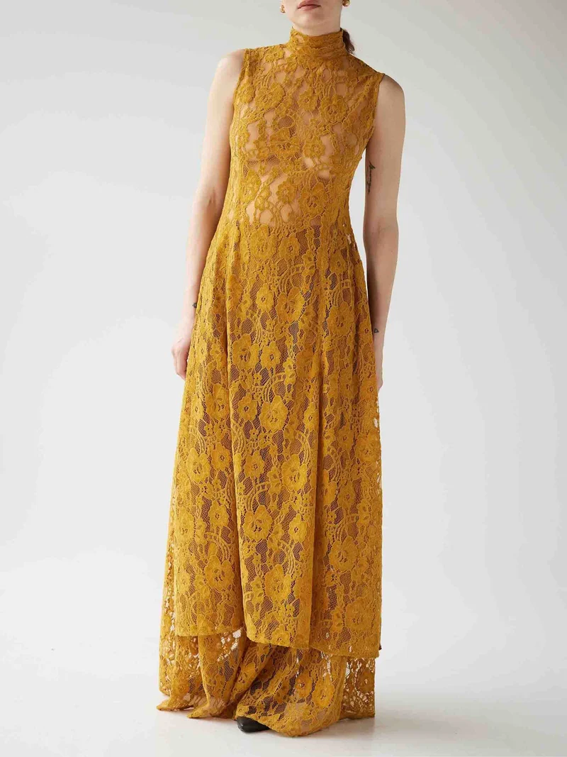 Elegant High-neck Lace Slit Long Top Two-piece Set