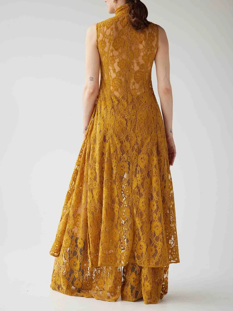 Elegant High-neck Lace Slit Long Top Two-piece Set