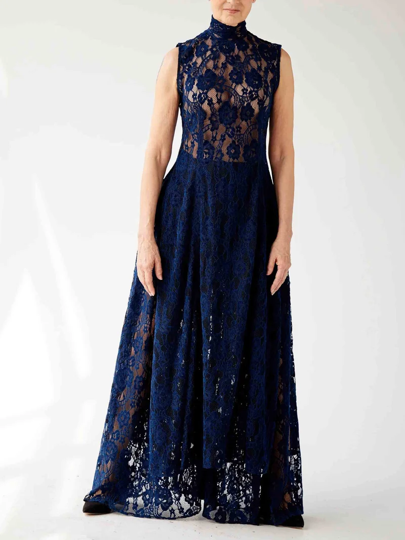 Elegant High-neck Lace Slit Long Top Two-piece Set