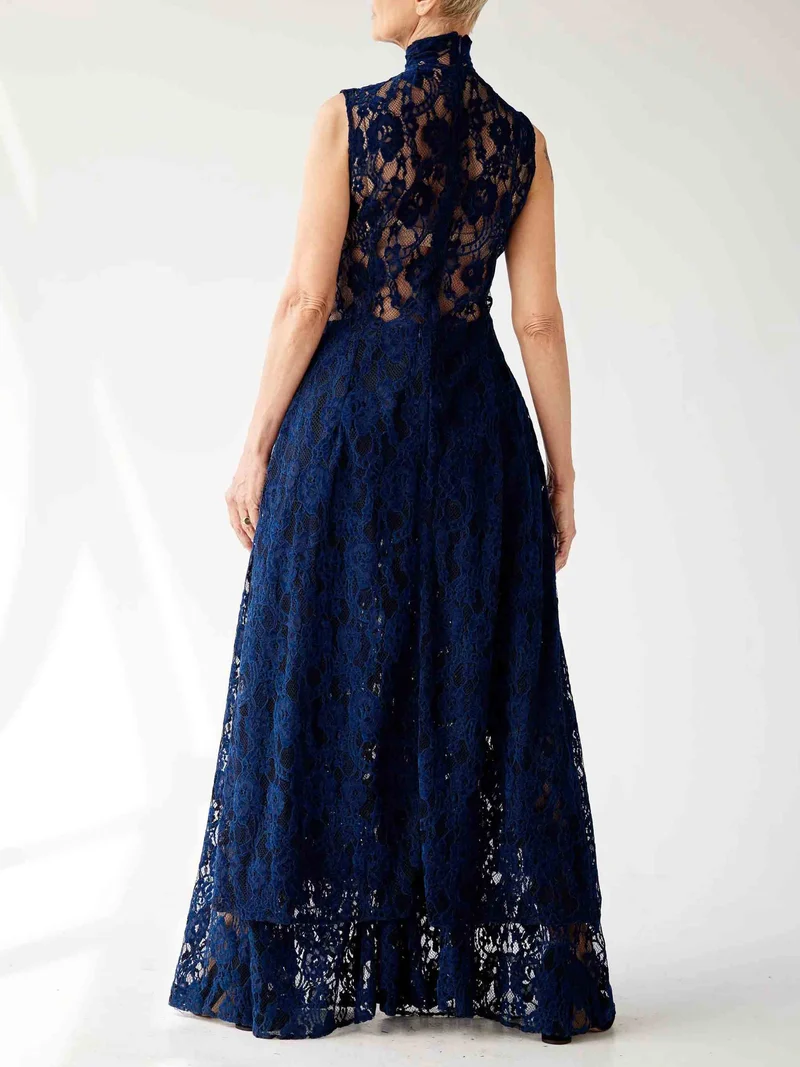 Elegant High-neck Lace Slit Long Top Two-piece Set