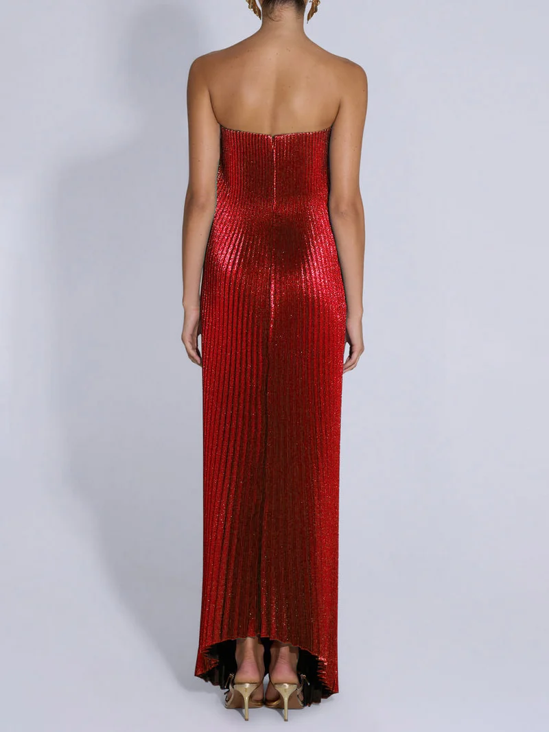 Elegant Strapless Gown With Shiny Pleated Maxi Dress
