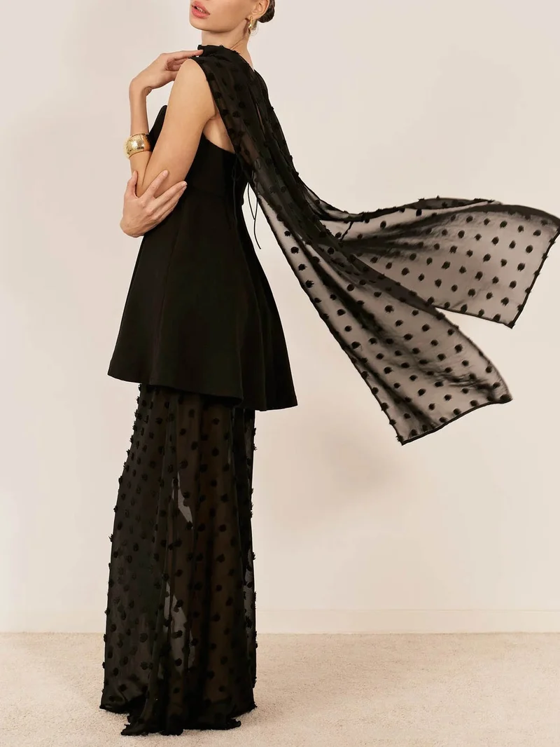 Elegant Polka-Dot Mesh Cape Two-Piece Maxi Dress