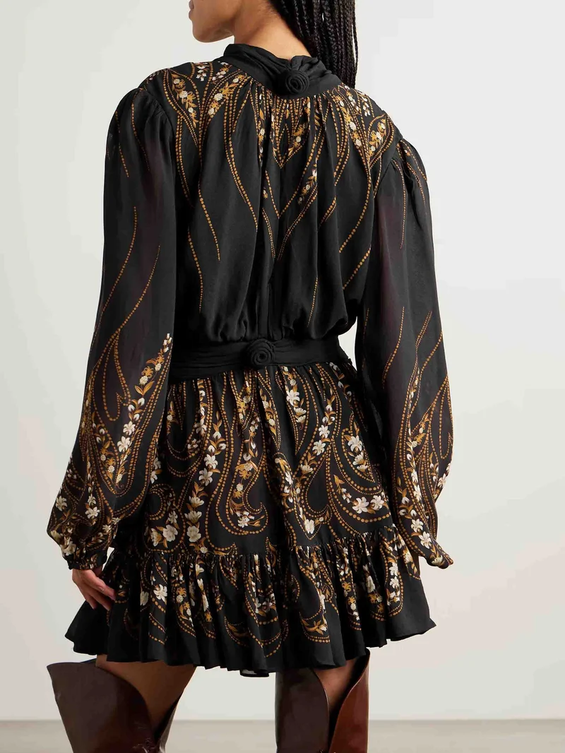 Tie-neck Printed Chiffon Flowy Mini Dress