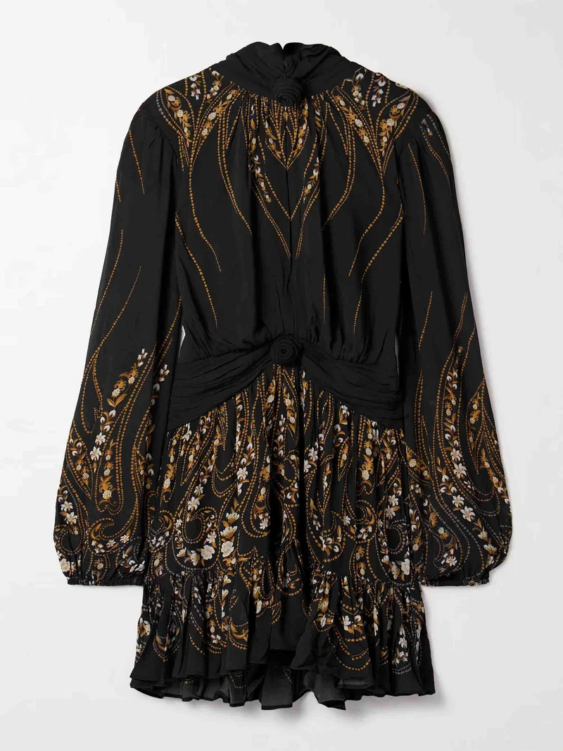 Tie-neck Printed Chiffon Flowy Mini Dress